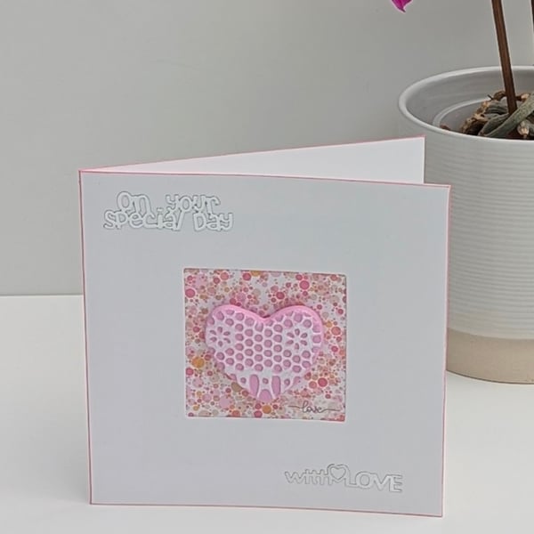 Handmade birthday card with detachable clay heart keepsake fridge magnet 