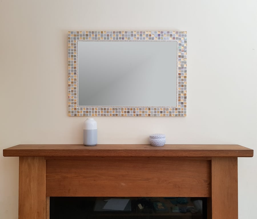 Large Mosaic Wall Mirror 70x50cm in Gold & Cream