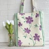 Clematis tote bag with purple clematis and pale green stripes