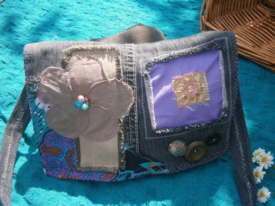 SALE Charcoal Stone-Wash Denim Patchwork 'Upcycled' Shabby Chic Boho Bag SMALL