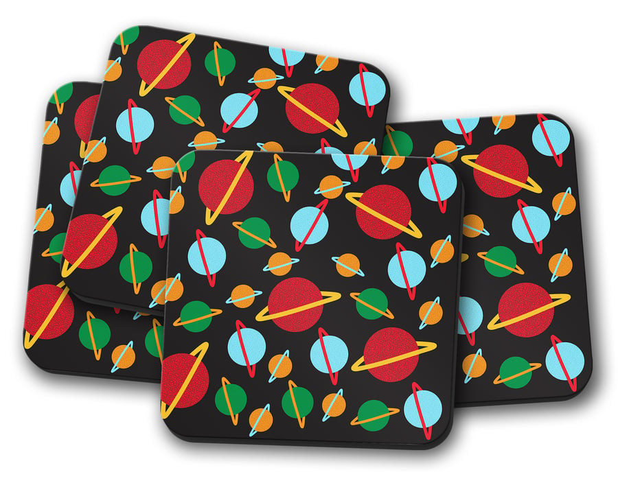 Set of 4 Black Coasters with a Multicoloured Planets Design, Drinks Mat