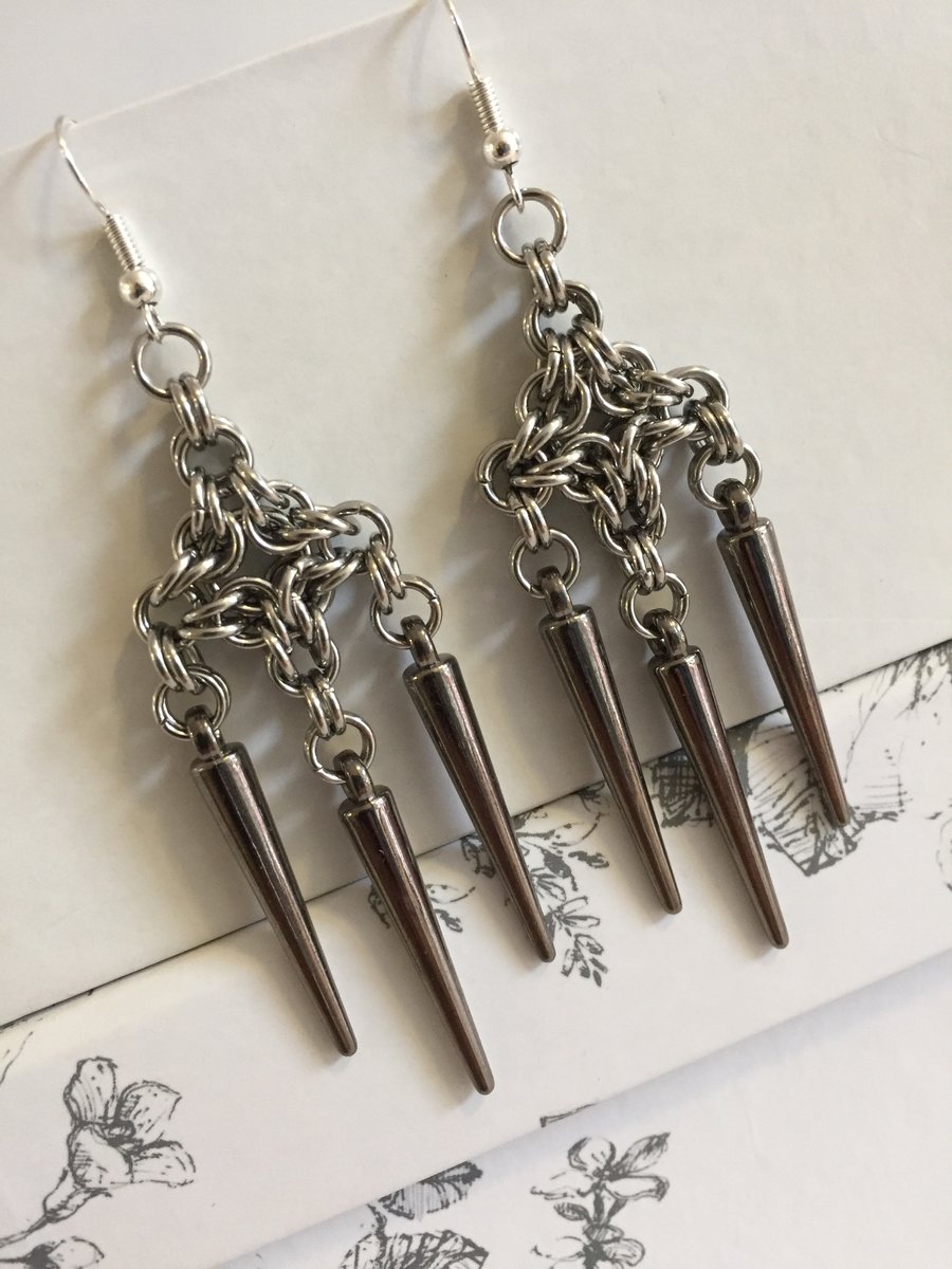 Stainless Steel Byzantine Spike Chandelier Chainmaille Earrings Gothic