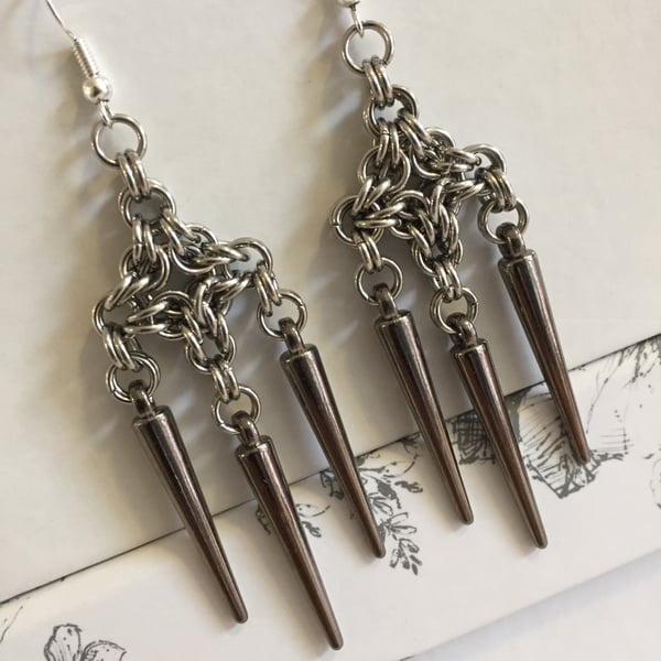 Stainless Steel Byzantine Spike Chandelier Chainmaille Earrings Gothic