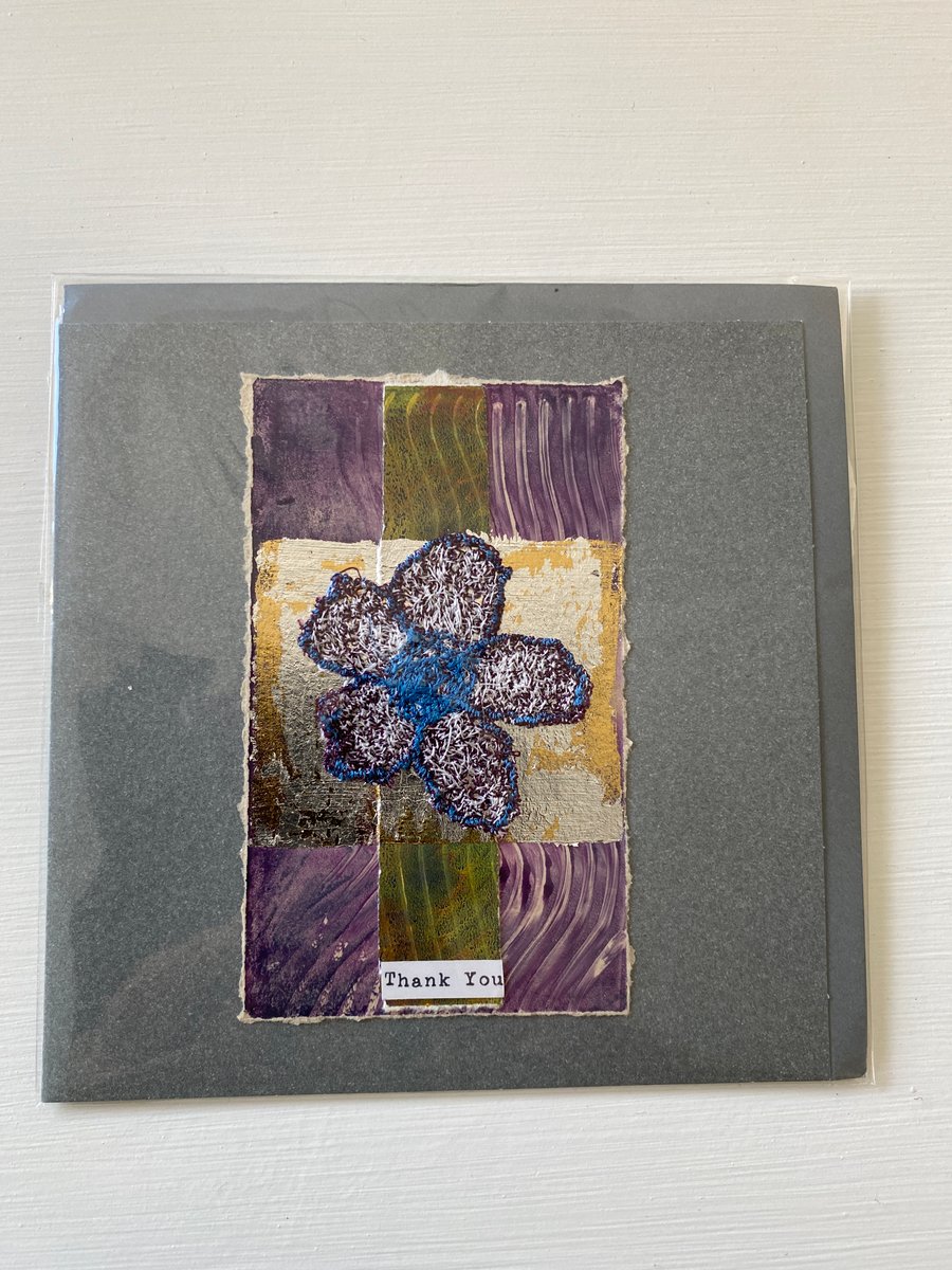 Abstract machine embroidery flower Thank you card. Blank inside.