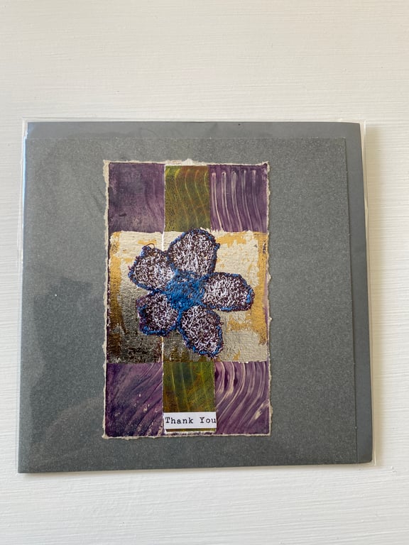 Abstract machine embroidery flower Thank you card. Blank inside.