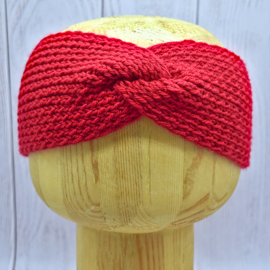 SOLD - Hand Knitted headband ear warmers in red wool adult M