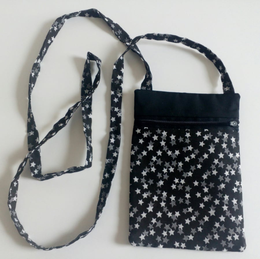 Crossbody,  festivals, dogwalking, fabric bag, long strap, lined, black & white
