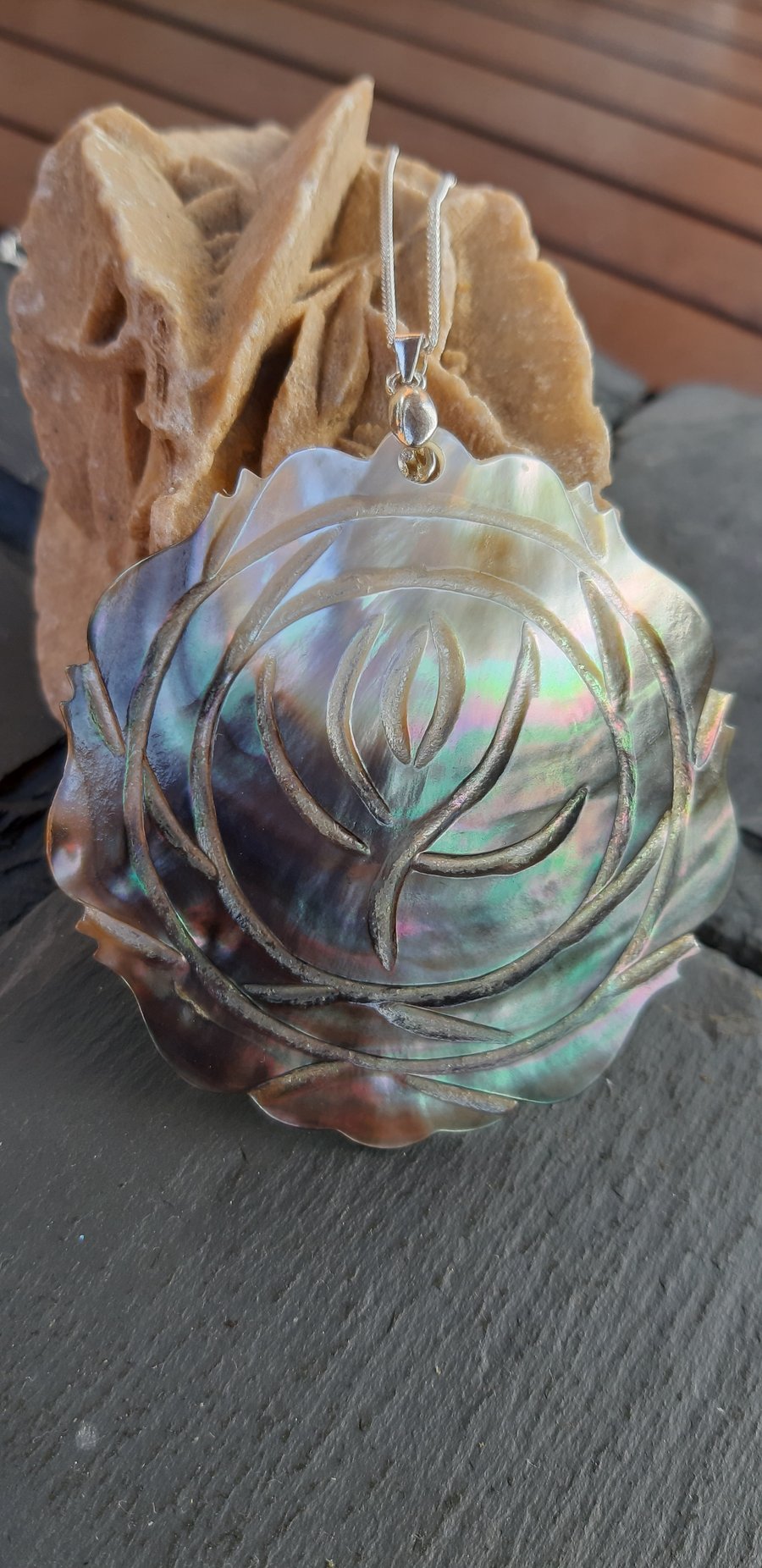 Large Carved Mother of Pearl Flower and Sterling Silver Necklace