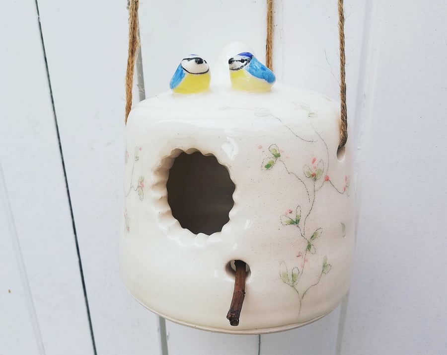 Ceramic handmade bird house with 2 blue tit birds & blossom garden home idea