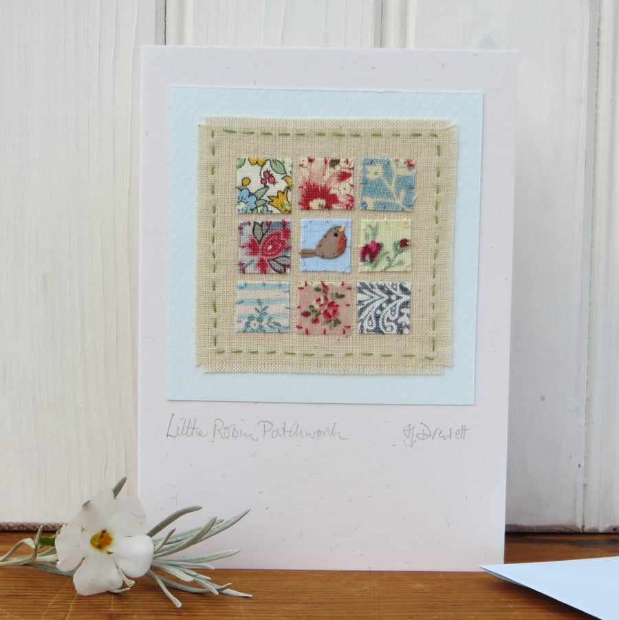 Little Robin Patchwork mini hand-stitch mounted on card - a  tiny treasure!