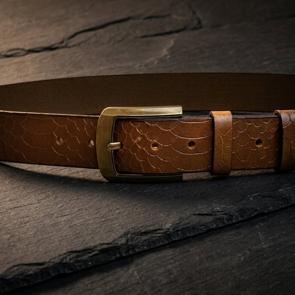 Mustard Tan Full Grain Embossed Leather Belt Floral Basketweave Mens 38mm