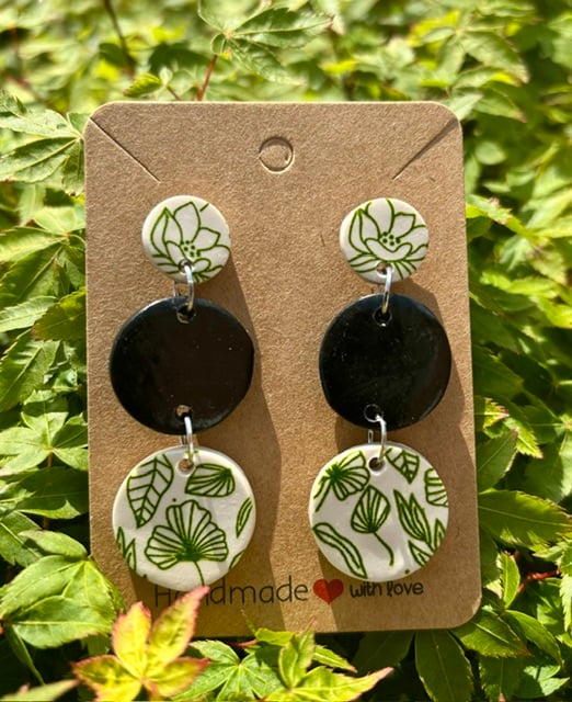 Beautiful Black and Floral Drop Earrings