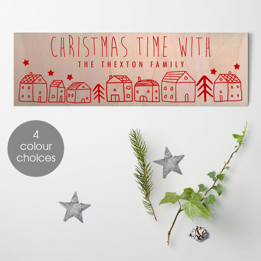 Personalised Christmas Houses Wood Sign - 4 colours
