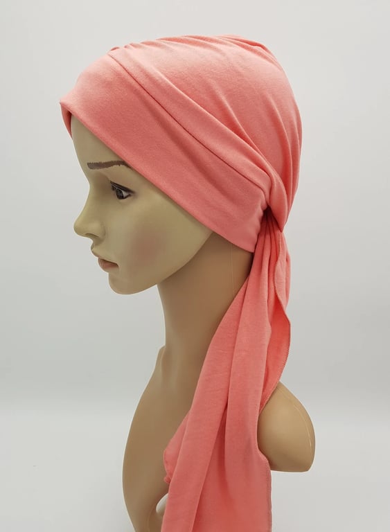Chemo head wear, stretchy viscose jersey turban with ties, dusky pink headscarf