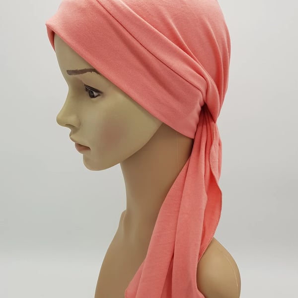 Chemo head wear, stretchy viscose jersey turban with ties, dusky pink headscarf