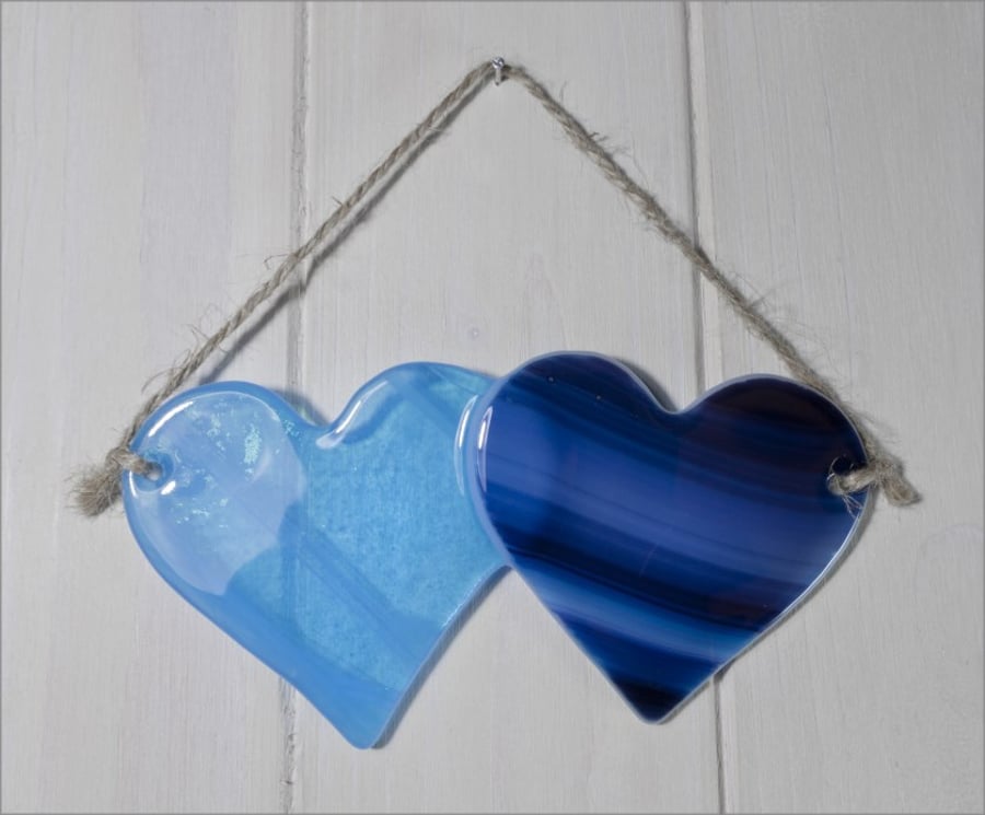 Fused Glass Double Heart in Torquoise & Blue
