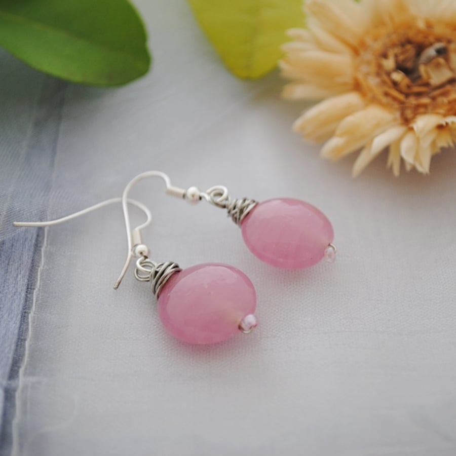 Pink & silver wrap button earrings