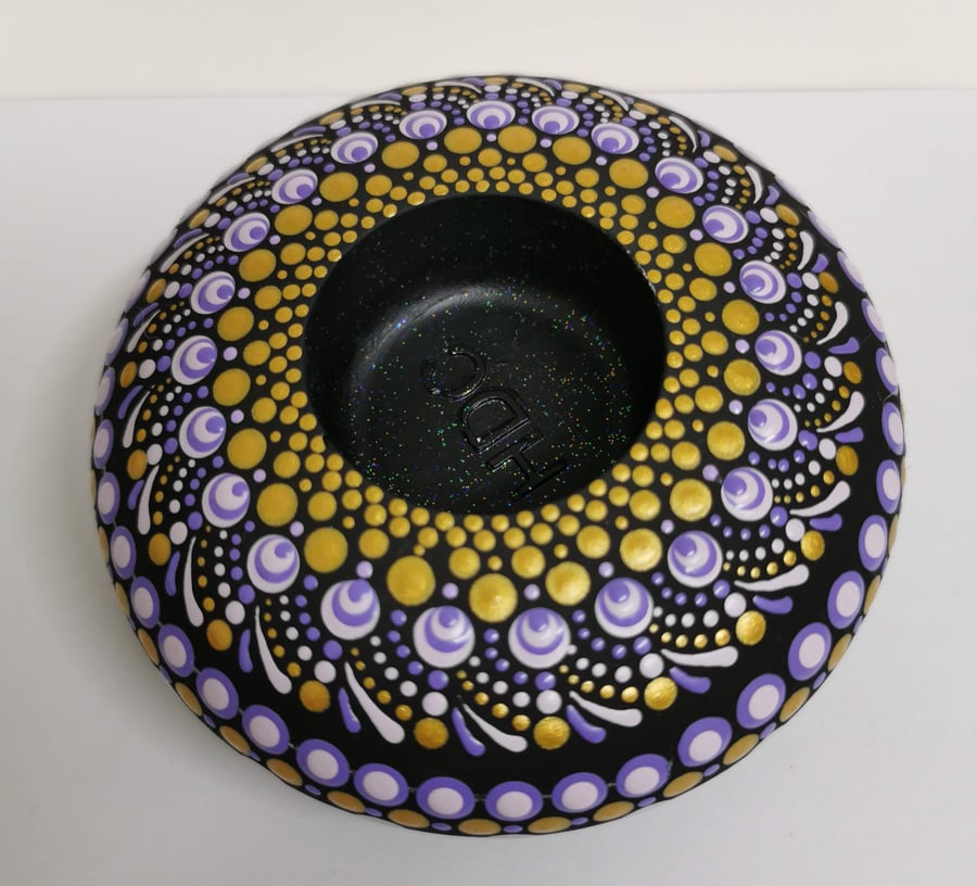 Hand painted purple and gold mandala tea light holder