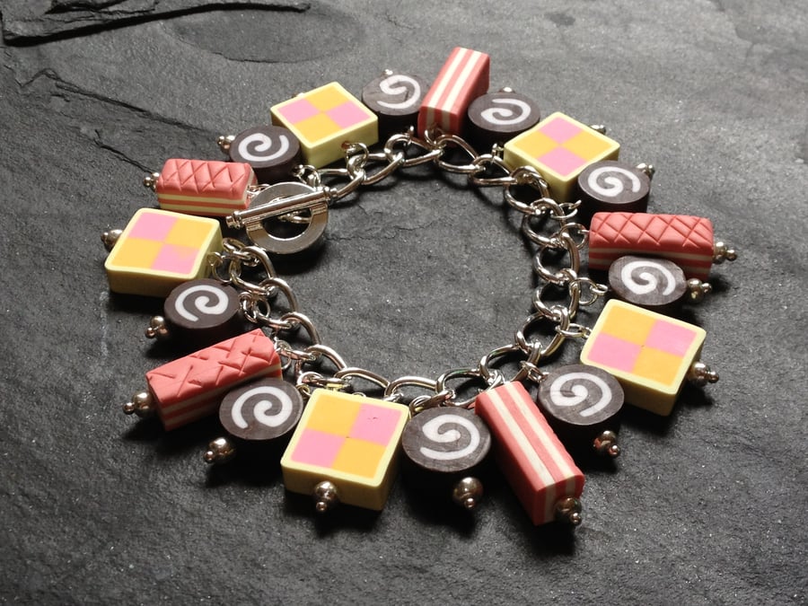 Time for Tea Battenberg, Pink Wafer & Swiss Roll Polymer Clay Charm Bracelet