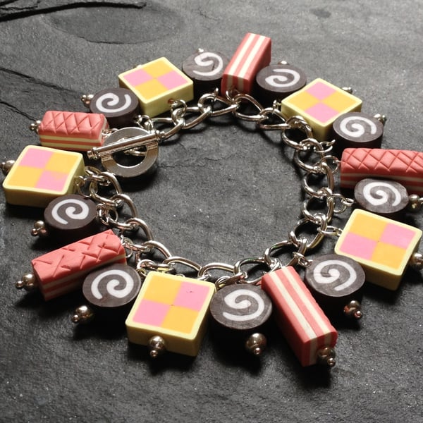 Time for Tea Battenberg, Pink Wafer & Swiss Roll Polymer Clay Charm Bracelet