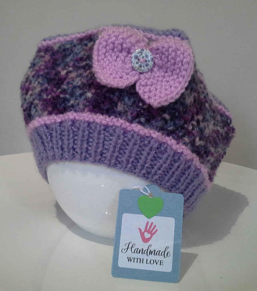 Hand Knitted Girl's Beret Style Hat with wool 1 - 2 Years