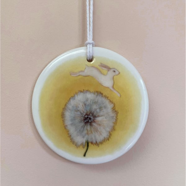 Rabbit ornament - ceramic hanging decoration - dandelion clock, jumping bunny