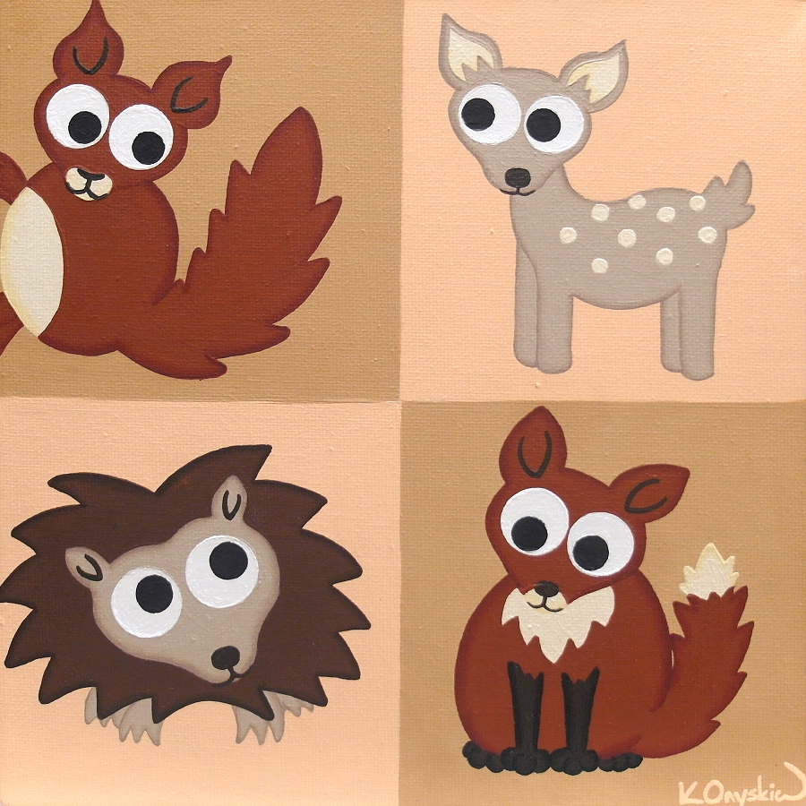 Woodland Animals Nursery Artwork - cute squirrel, fawn, hedgehog and fox art