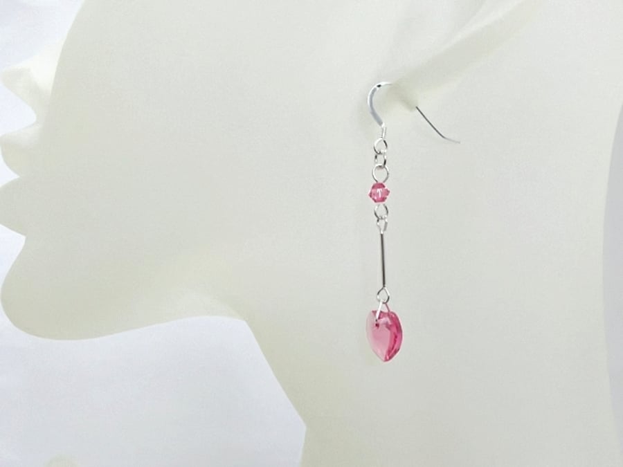 Pink Handmade Swarovski Heart Earrings With Sterling Silver Tubes