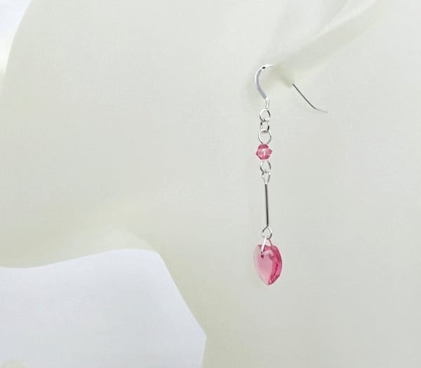 Pink Handmade Swarovski Heart Earrings With Sterling Silver Tubes