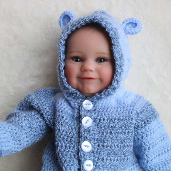 Blue Baby Bear Hooded Cardigan - 0-3 Months - Baby Boy - Baby Girl