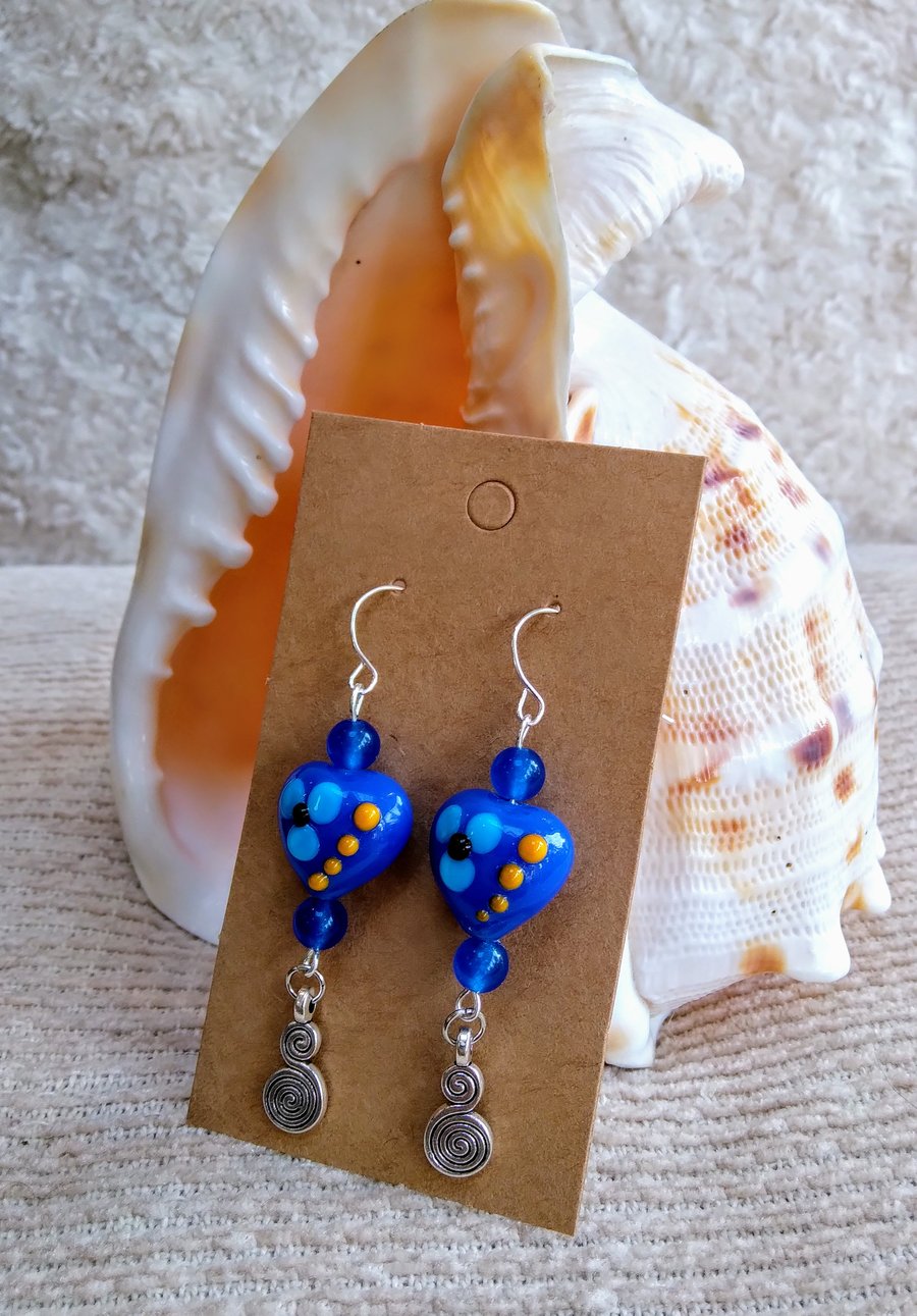 Turquoise LAMPWORK hearts with real SAPPHIRE beaded EARRINGS