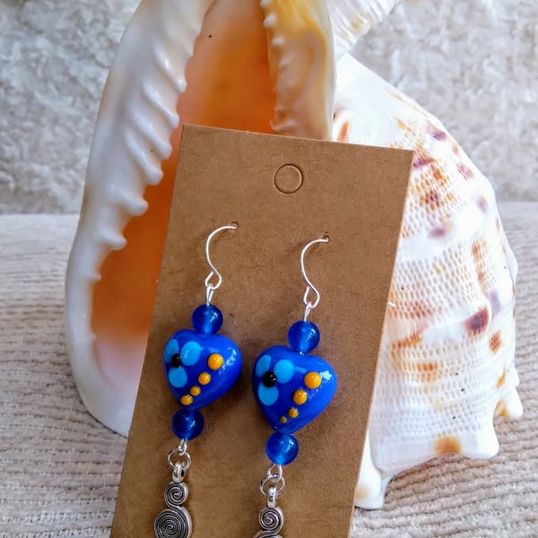 Turquoise LAMPWORK hearts with real SAPPHIRE beaded EARRINGS