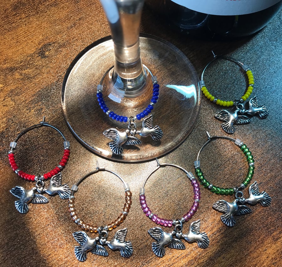 Set of Six Romantic Beaded Wine Glass Markers with Silver Love Bird Charms