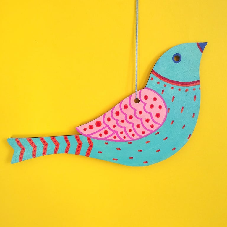Hand painted wooden bird hanging, green bird wall art, unique wall decor 