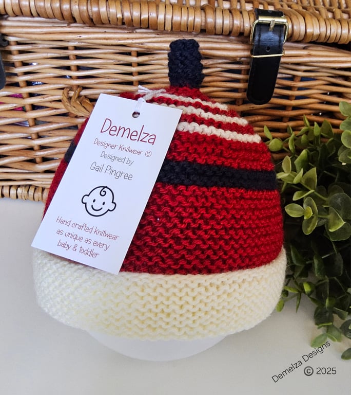 Designer Hand Knitted Red Baby Beanie Hat  9 -18 months size