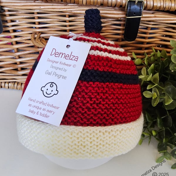 Designer Hand Knitted Red Baby Beanie Hat  9 -18 months size