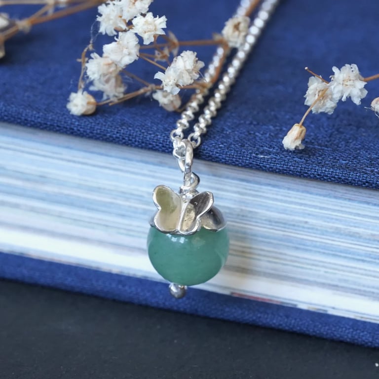 Aventurine and silver butterfly necklace, gemstone necklace, birthday gift idea