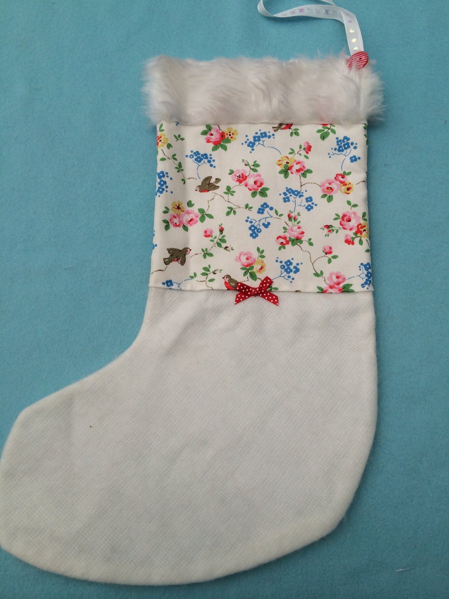 Christmas stocking in cath kidston bird fabric and white fur