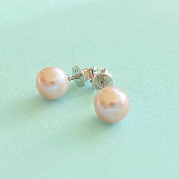 8mm Button Freshwater Pearl Sterling Silver Stud Earrings