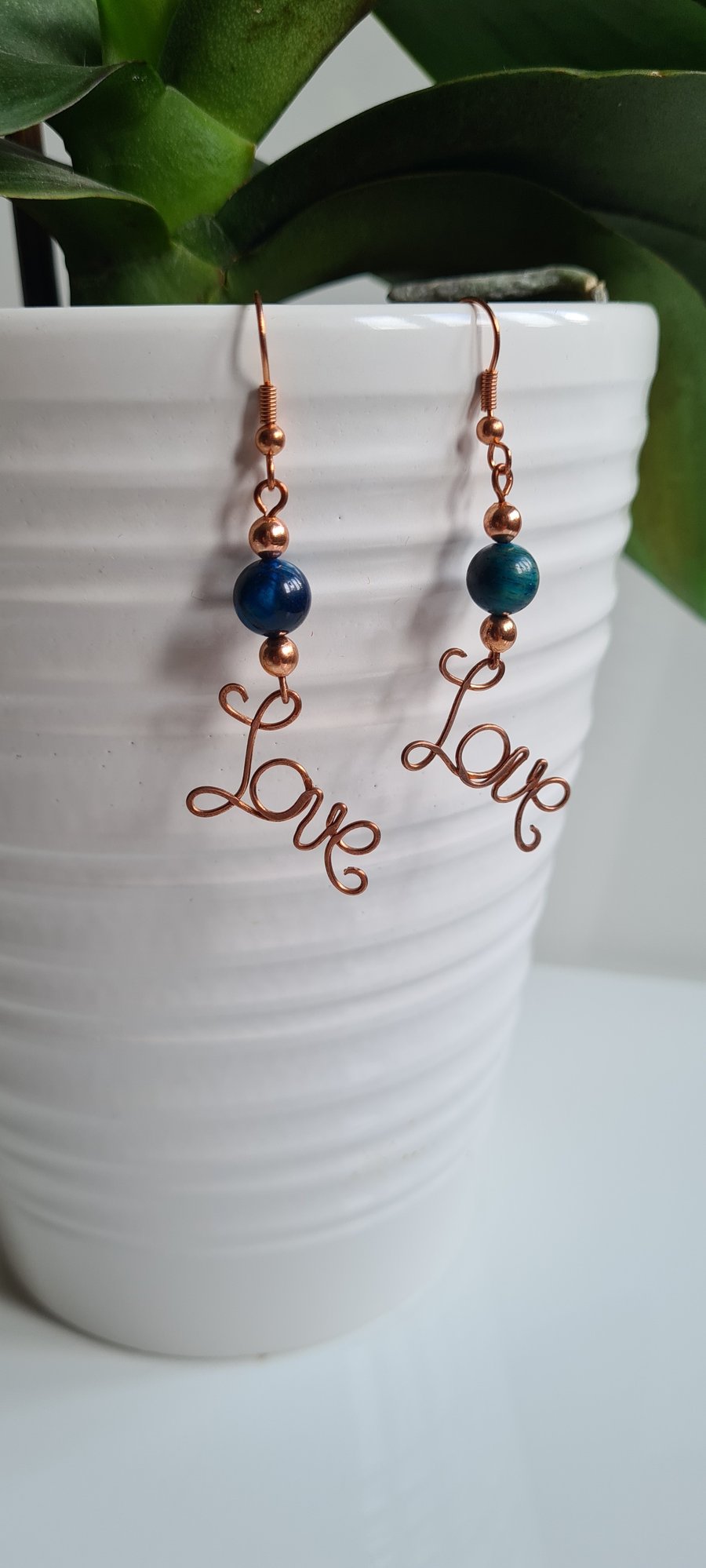 Blue Tiger's Eye & Copper Dangle LOVE  Earrings Gift Crystal Jewellery Jewelry  