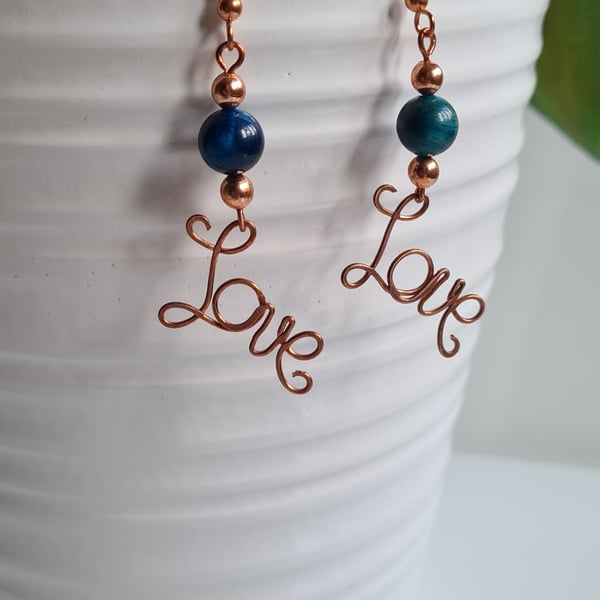 Blue Tiger's Eye & Copper Dangle LOVE  Earrings Gift Crystal Jewellery Jewelry  