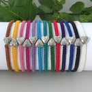 Macramé bracelet with silver plated heart charm, 13 colour options. Ref:326