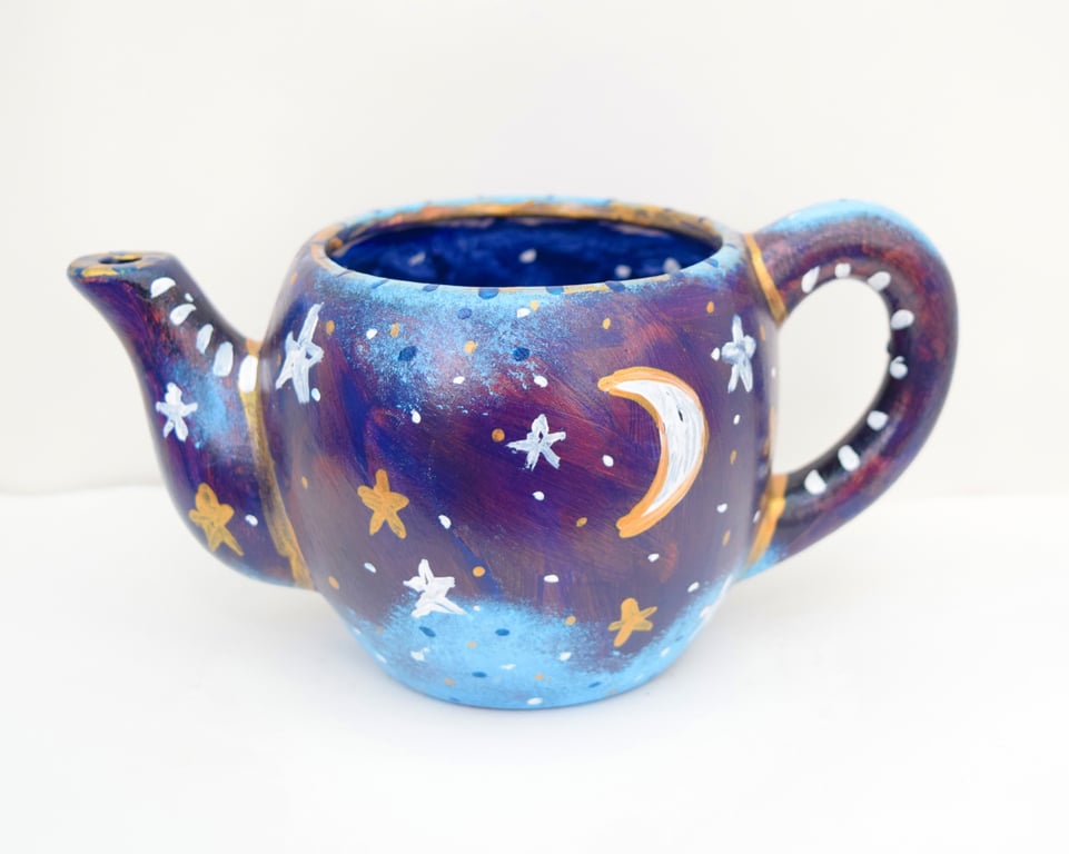 Moon & Stars Teapot Plant Pot - Hand-Painted Blue Ceramic