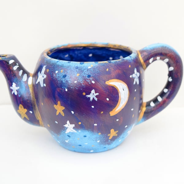 Moon & Stars Teapot Plant Pot - Hand-Painted Blue Ceramic