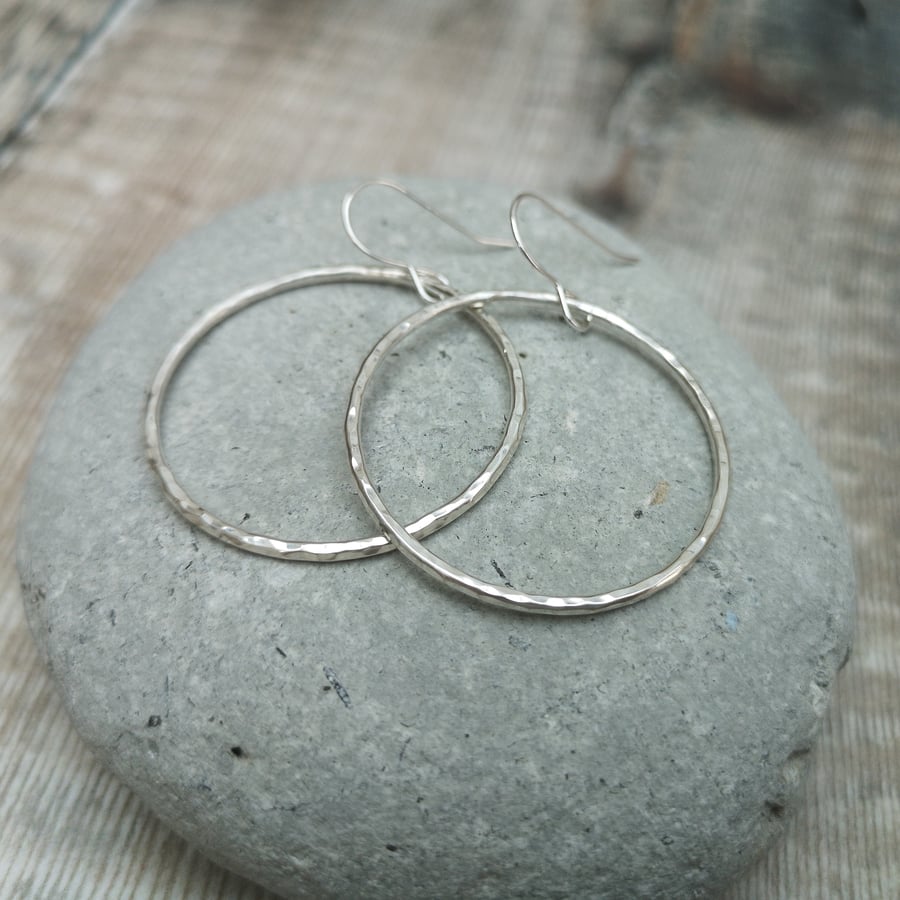 Large Sterling Silver Hammered Hoop Earrings - SILV050