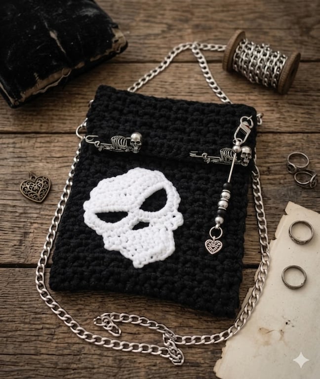 Rebel Reaper Crochet Crossbody Bag Goth Skull Purse with Silver Chain, Skeleton