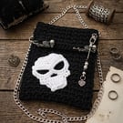 Rebel Reaper Crochet Crossbody Bag Goth Skull Purse with Silver Chain, Skeleton