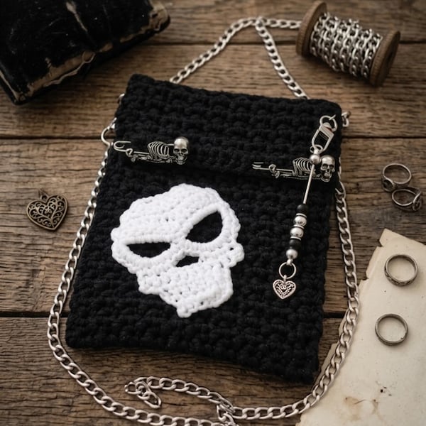 Rebel Reaper Crochet Crossbody Bag Goth Skull Purse with Silver Chain, Skeleton