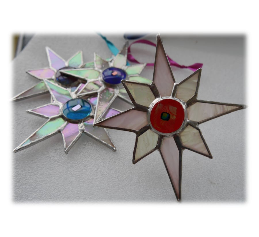 SOLD Shiny White Dichroic Star Stained Glass Suncatcher 003 Red