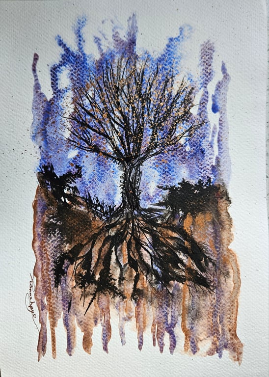Original art, tree painting with personalised message:Violet Twightlight II A4